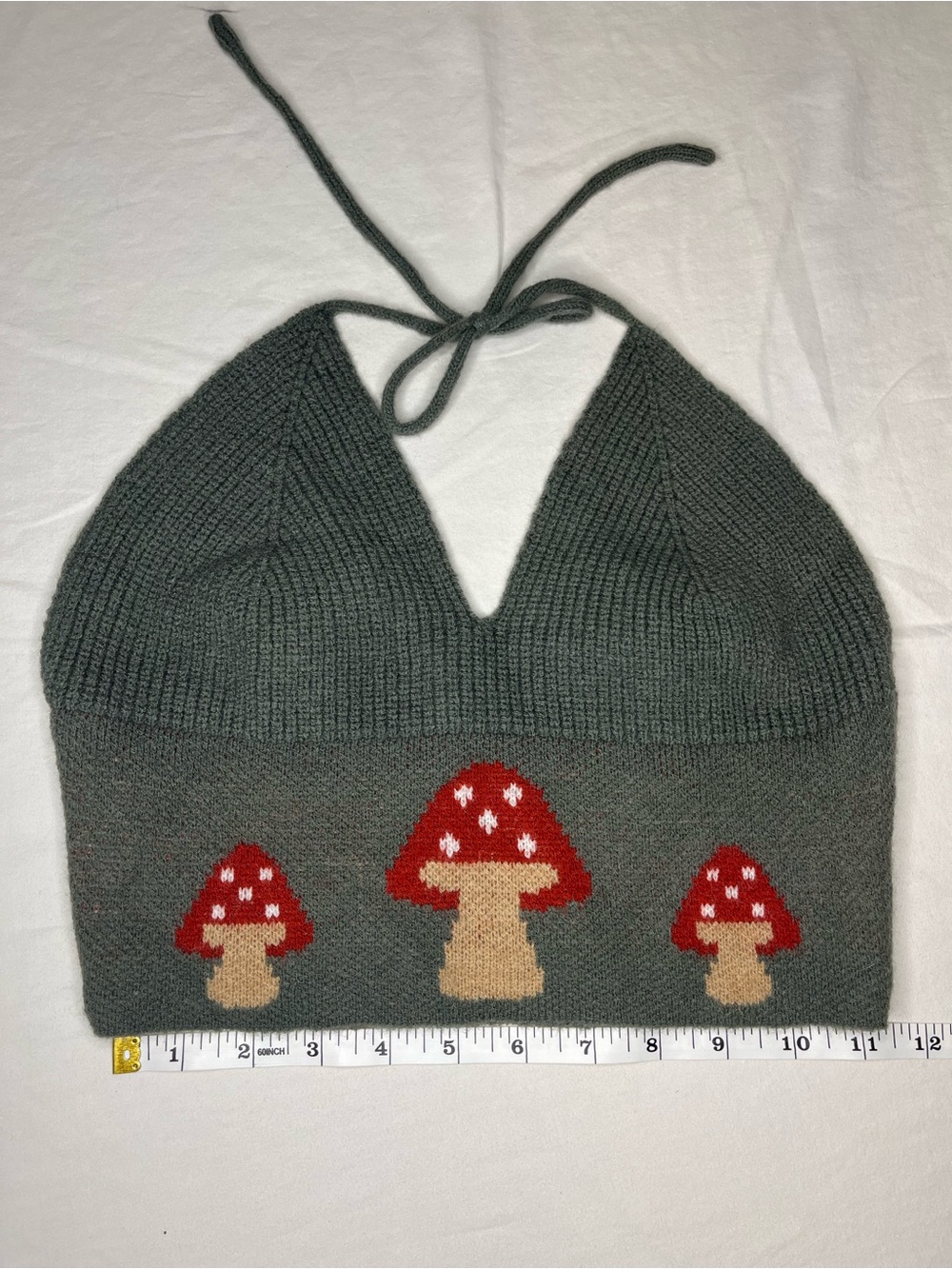 Green mushrooms knit halter crop top festival cottagecore hippie boho size XS